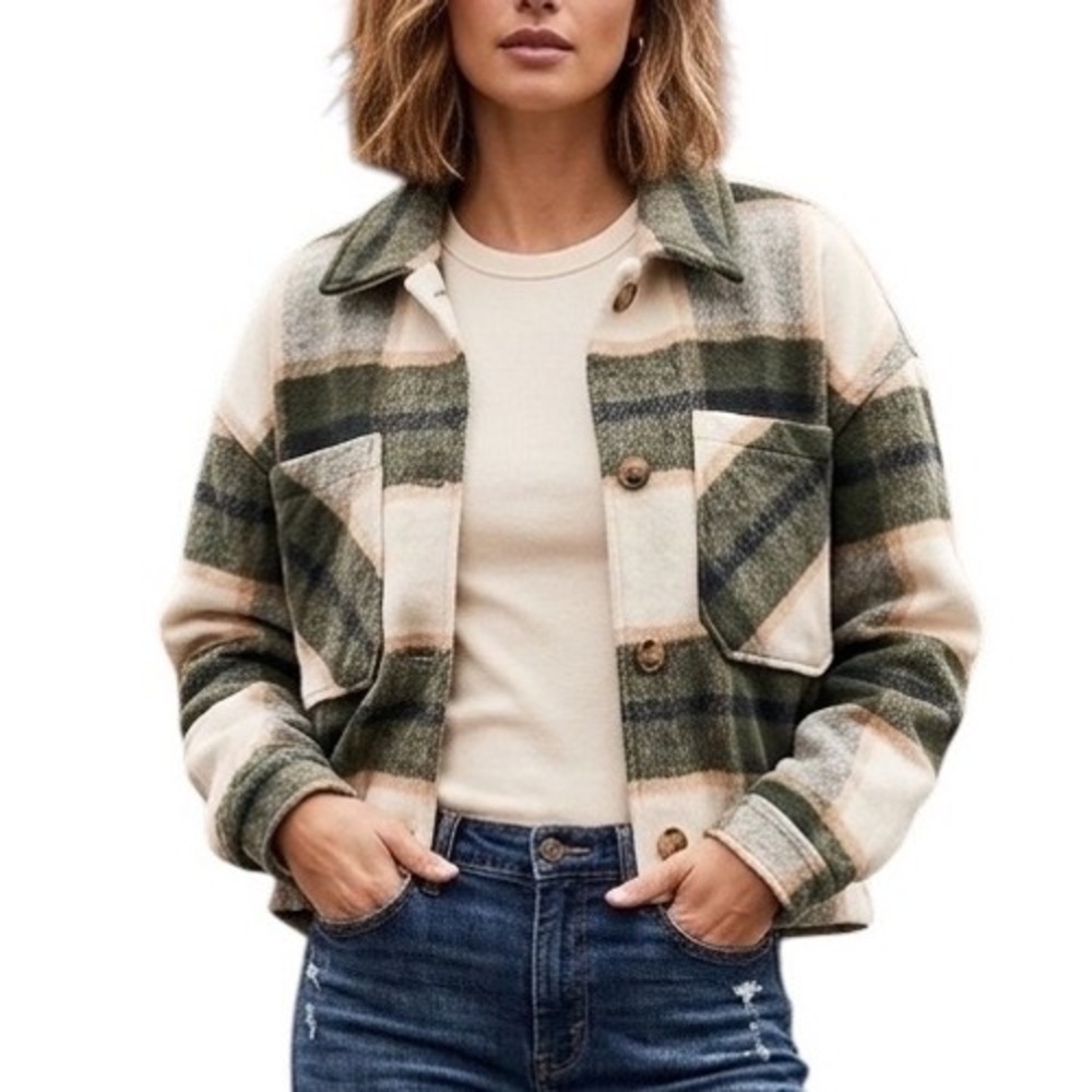 Ashley by 26 International Olive Green Plaid Cropped Shacket Jacket Womens L